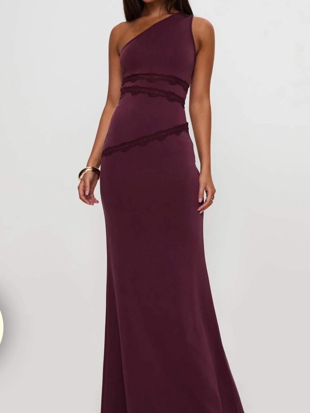 One-Shoulder Burgundy Lace-Trim Evening Gown